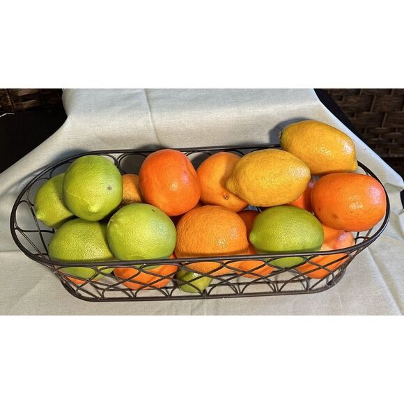 Decorative Ornate Metal Tabletop 16" x 6.5" Metal Basket With Faux Fruit - Picture 3 of 8